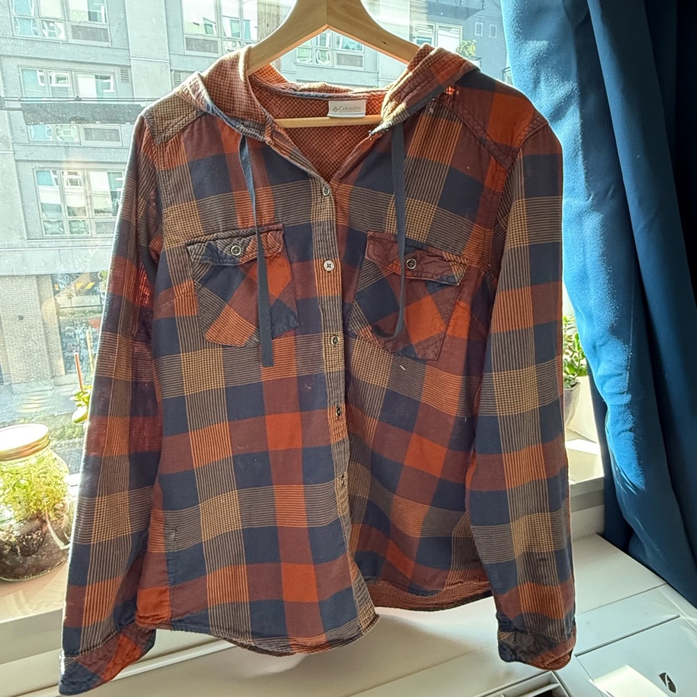 Columbia Orange and Blue Plaid Button Down Hoodie Shirt
